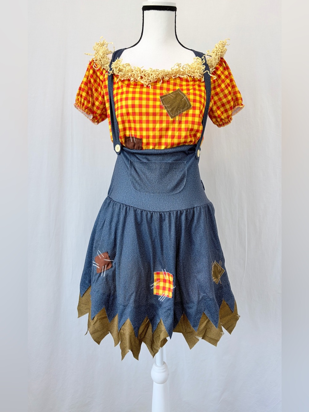 Kids Yellow Plaid Scarecrow Costume with Blue Pinafore